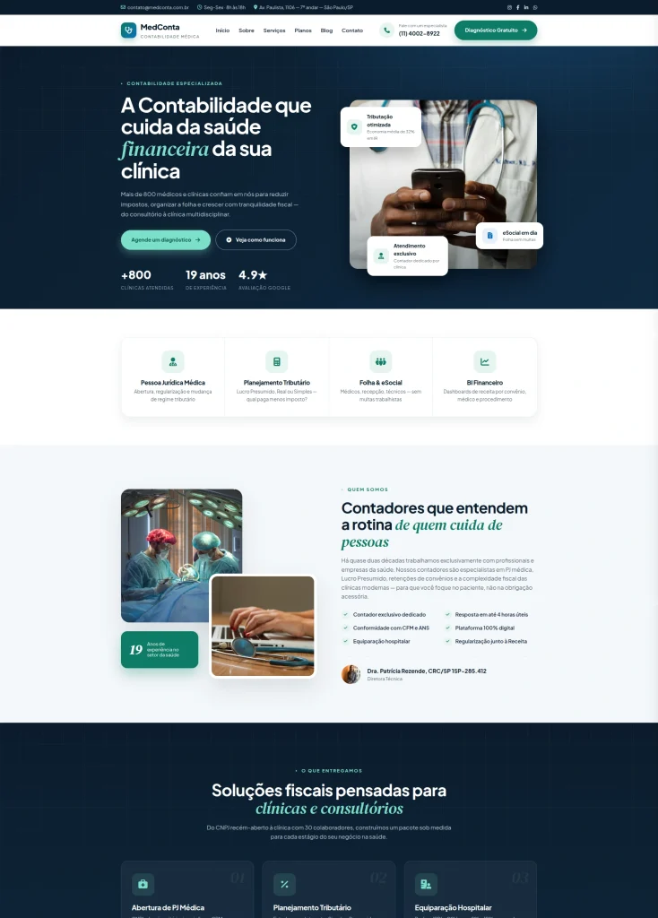 Página inicial de modelo de site para contabilidade especializada em clínicas e médicos