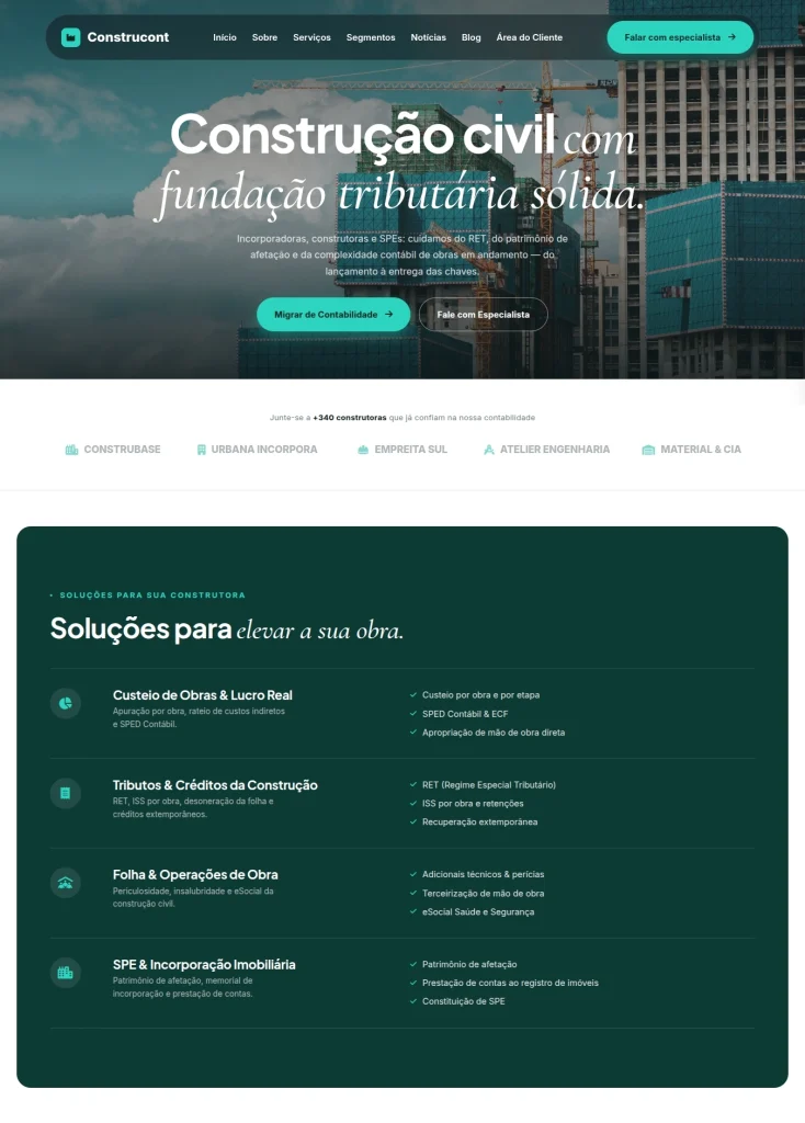 Página inicial de modelo de site para contabilidade especializada em construtoras e incorporadoras