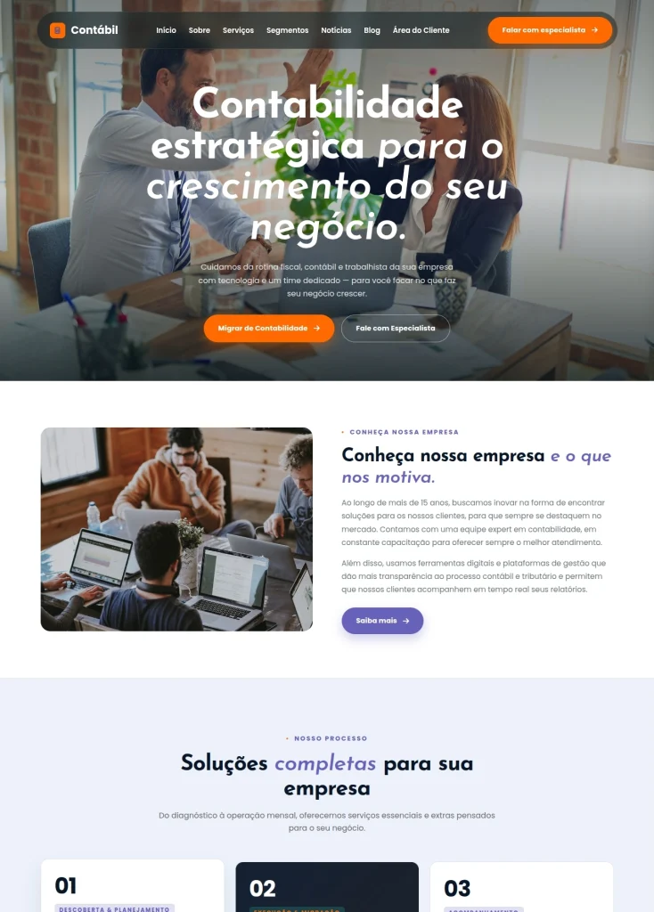 Página inicial de modelo de site para escritório de contabilidade com proposta de transparência