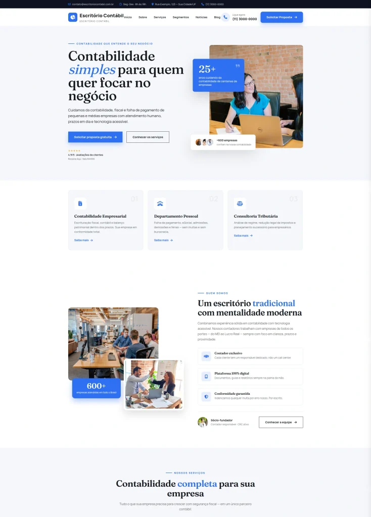 Página inicial de modelo de site institucional para escritório de contabilidade