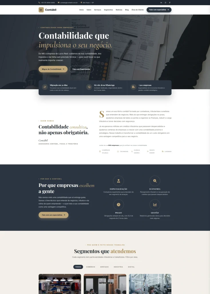 Página inicial de modelo de site para contabilidade que atende comércio, indústria e serviços
