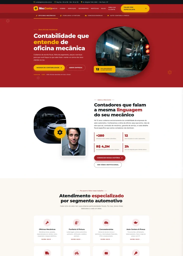Página inicial de modelo de site para contabilidade especializada em oficinas e autopeças