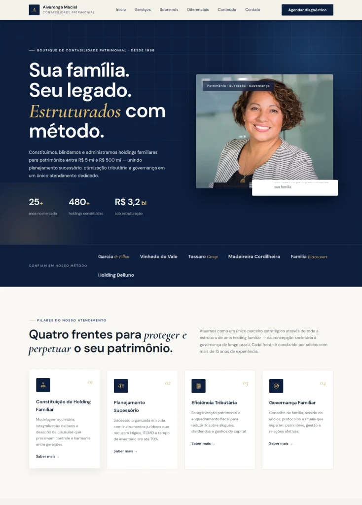 Página inicial de modelo de site para contabilidade patrimonial e holdings familiares