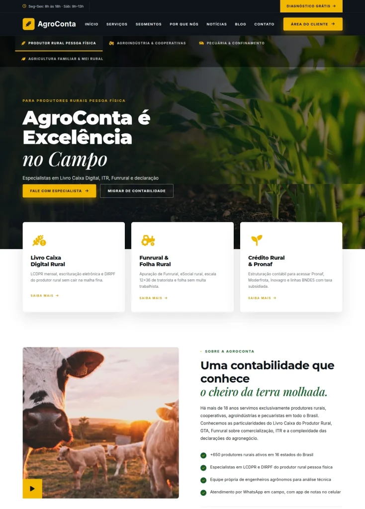 Página inicial de modelo de site para contabilidade especializada em produtores rurais e agronegócio