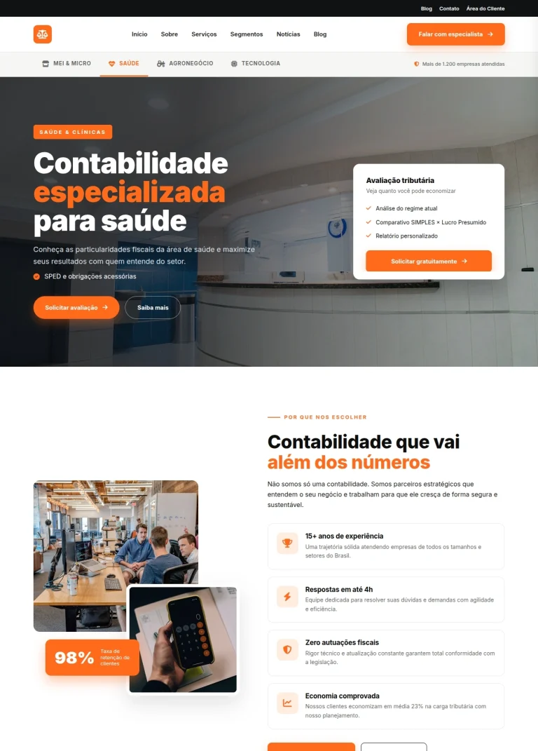 Página inicial de modelo de site para escritório de contabilidade voltado a clínicas e profissionais da saúde